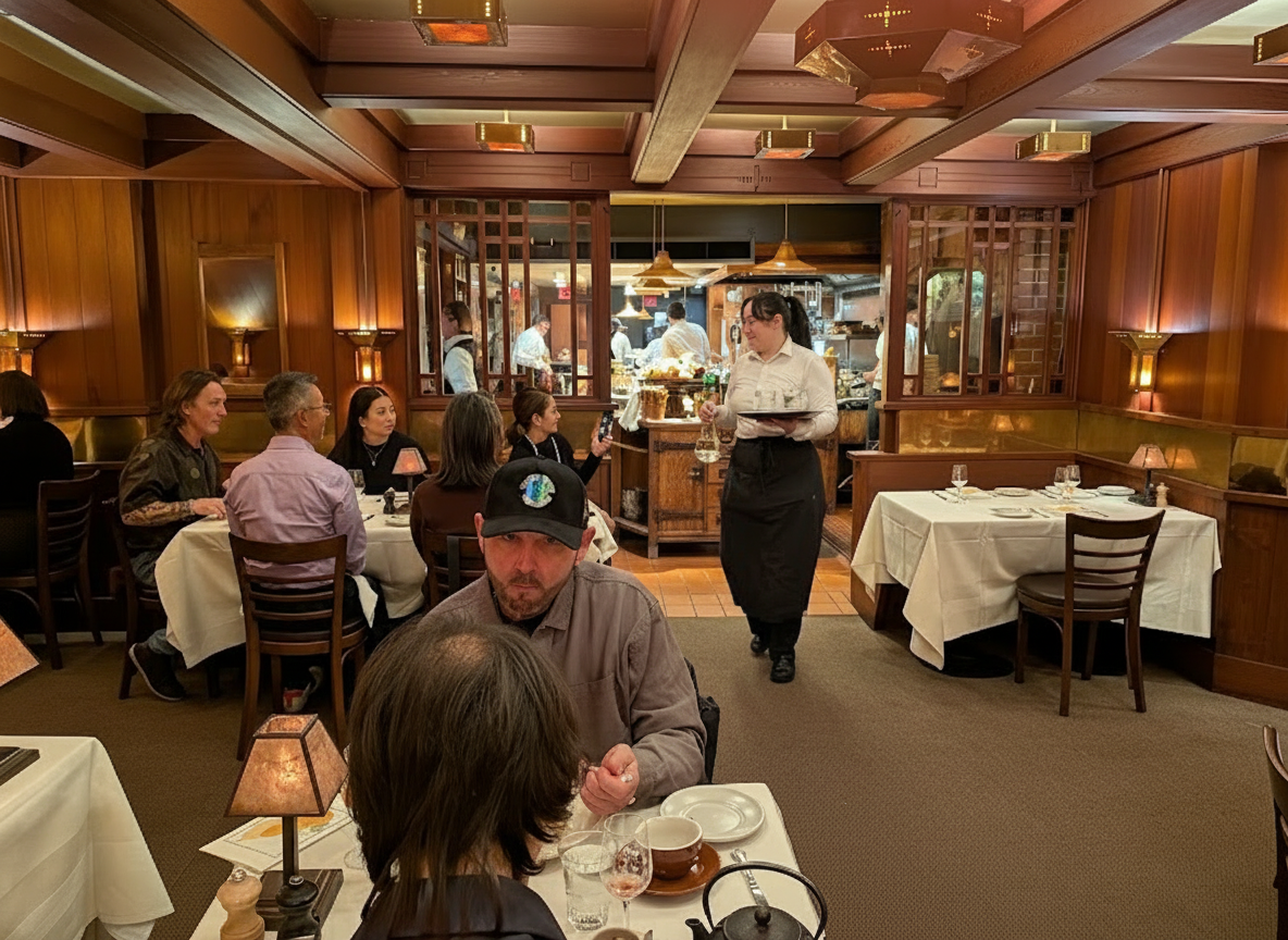 Chez Panisse interior — warm dining room with seasonal table setting